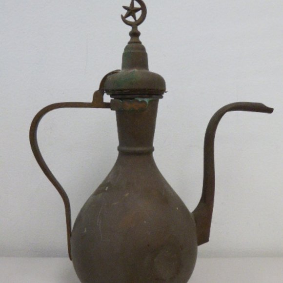 Antique middle eastern metal copper brass coffee tea pot tall hand made 14.5" - Picture 3 of 13